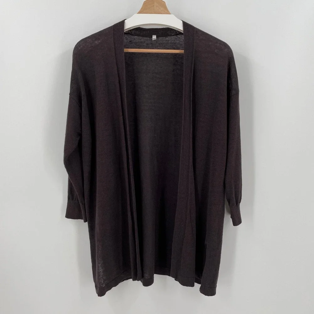 Muji Linen Blend Cardigan Sweater M L Dark Brown Chocolate Open Front Layer Top - Picture 2 of 8